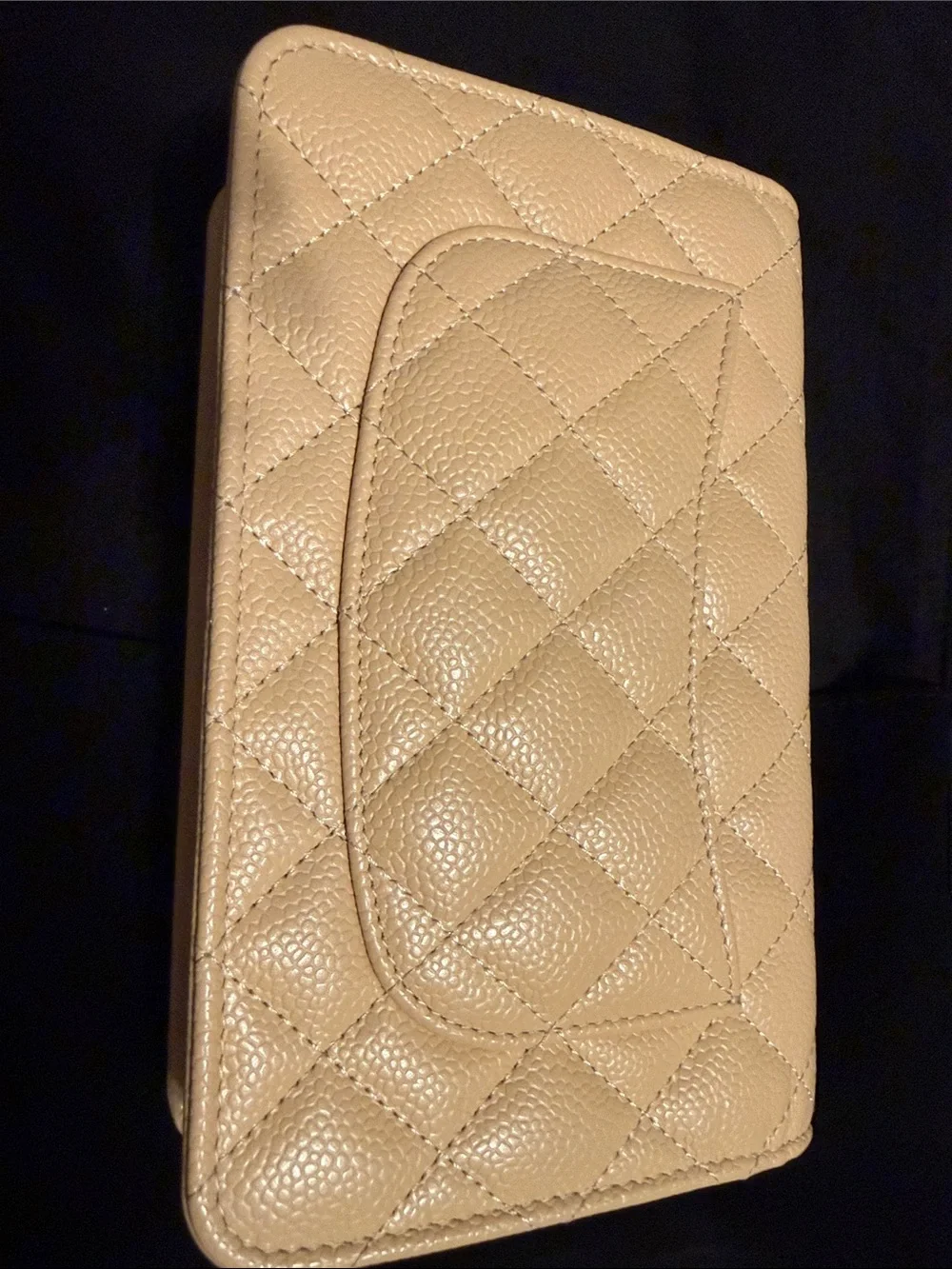 CHANEL Beige Quilted Caviar Wallet on Chain with Silver CC